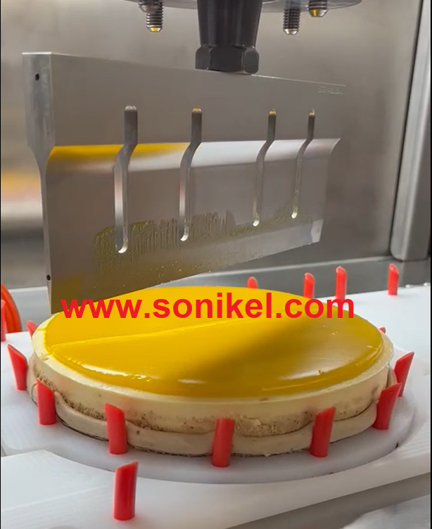 Ultrasonic Slicing of Frozen Cheese Cake with Lemon at Minus 12 Celcius